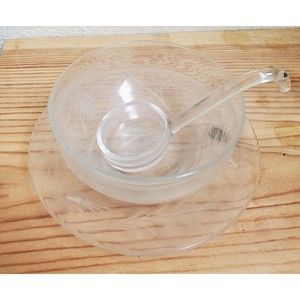 VTG Clear Glass 3 Piece Mayo/Sauce Set Clear Bowl, Plate, Spoon Floral Etched